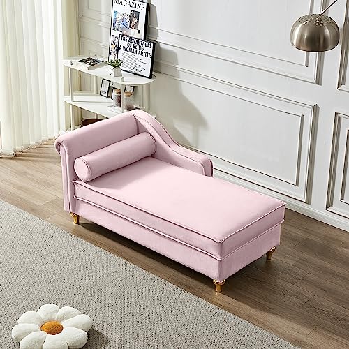 60.6" Modern Storage Chaise Lounge Indoor,Velvet Upholstery Sofa Chair with1 Toss Pillows,Upholstery Lounge Sofa with Gold Metal Legs for Small Apartment,Living Room,Office,Reception Area,Pink - color: Pink