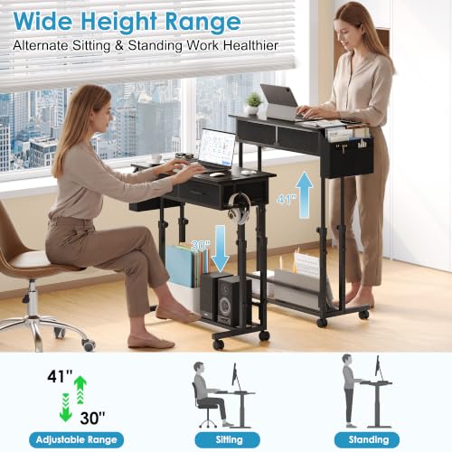 Small Standing Desk with Storage, Height Adjustable Sit Stand Desk with Drawers, Mobile Office Desk with Wheels and Side Pocket, Adjustable Laptop Workstation for Home Office - color: Black