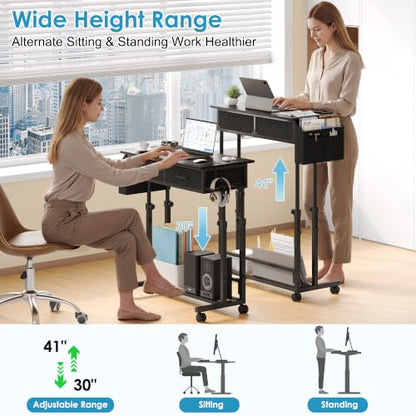 Small Standing Desk with Storage, Height Adjustable Sit Stand Desk with Drawers, Mobile Office Desk with Wheels and Side Pocket, Adjustable Laptop Workstation for Home Office - color: Black