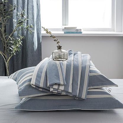 BISELINA Bedding Duvet Cover Set 100% Washed Cotton Linen Like Textured Yarn Dyed Horizontal Stripes Reversible Breathable Soft Comfy Chic Bedding (Twin, Button Closure Blue) - color: Button Closure - Blue, size: Twin
