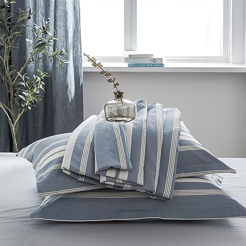 BISELINA Bedding Duvet Cover Set 100% Washed Cotton Linen Like Textured Yarn Dyed Horizontal Stripes Reversible Breathable Soft Comfy Chic Bedding (King, Button Closure Blue) - color: Button Closure - Blue, size: King