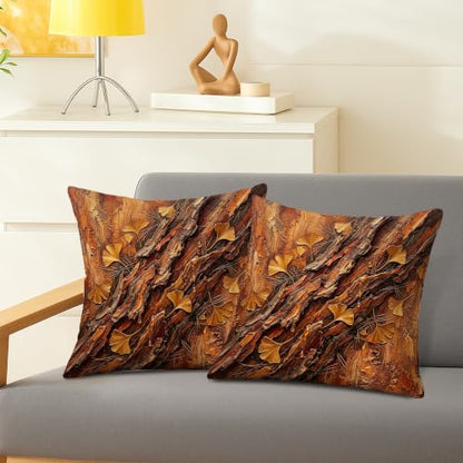 Ginkgo Leaves Throw Pillow Covers Set of 2, Natural Rustic Bark Texture Wood Grain Fall Brown Soft Velvet Washable Couch Pillow Covers for Living Room Bedroom Loft Office Car Decor 14x14 Inch - size: 14" x 14" (Pack of 2)