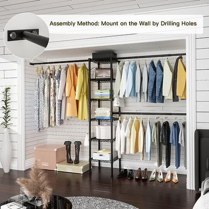 M1 Closet Storage Organizer System, 6 Tiers Heavy Duty Metal Clothing Garment Rack with 3 Expandable Hanger Rods, Wall Mounted Space Saver Suits from 3.3-8.7 ft. Width, 71.2”H x 14”D, Black - color: Black