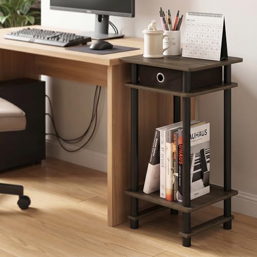 3-Tier Tall Narrow Modern End Table, Night Stand with Storage Bin, Open Shelf Bedside Table, Toolless Assembly Side Table, for Bedroom, Living Room, Columbia Walnut - color: Columbia Walnut/Black/Dark Brown, size: 3 Tier, Set of 1