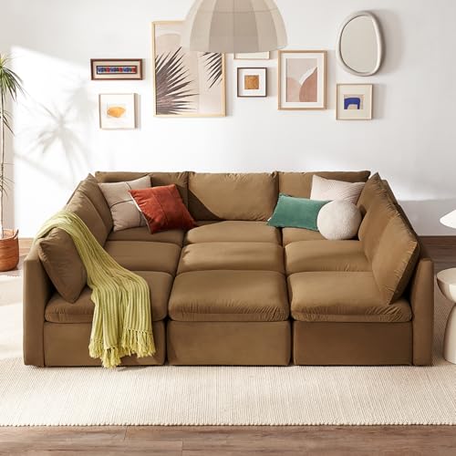 mopio Oversized Modular Sectional Sofa with Fully Removable Covers and Storage, Convertible U, L-Shaped and Sleeper Sectional, Modern Couches with Ottoman Chaise (Hazelnut Velvet, 9 Seats, Sleeper) - color: [Gen 2] Hazelnut Velvet, size: 9 Seats, Sleeper