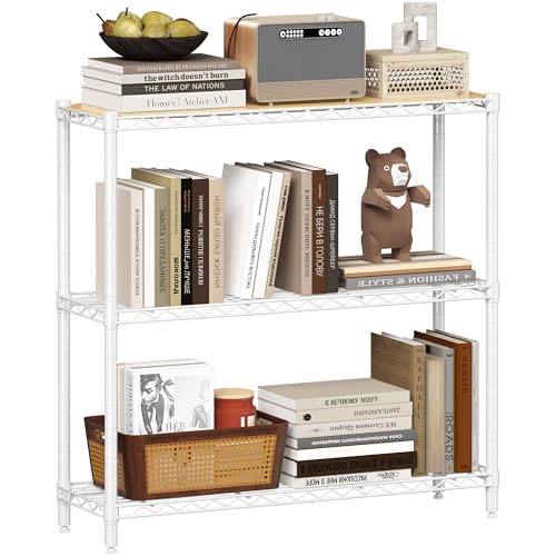 Homeiju 3-Tier Storage Rack, 29.8" Wide Heavy Duty Metal Shelving Unit, Top Tier with Removable Wood Board, 200 lbs Capacity per Shelf, for Pantry, Bathroom, Garage, Entryway, Plant Stand - color: White, size: 29.8" W