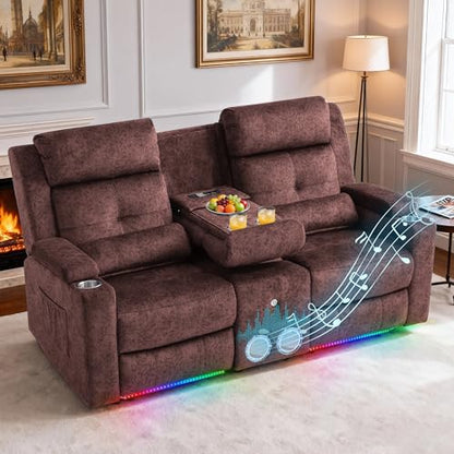 Power Reclining Loveseat with Flip Backrest, Power Loveseat Recliner Sofa with LED Lights, Bluetooth Speaker, 3-Seater Recliner Sofa with Arm/Seat Storage (Brown, Loveseat with Console) - color: Brown, size: Loveseat with Console