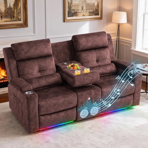 Power Reclining Loveseat with Flip Backrest, Power Loveseat Recliner Sofa with LED Lights, Bluetooth Speaker, 3-Seater Recliner Sofa with Arm/Seat Storage (Brown, Loveseat with Console) - color: Brown, size: Loveseat with Console