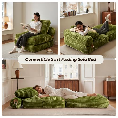 ovios Folding Sofa Bed, Foldable Sleeper Chair Floor Futon, Comfy Portable Convertible Fold Out Lounge Chairs for Living Room Bedroom, Green - color: Green