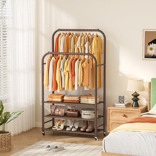 HOMIDEC Clothes Rack,Double Rods Clothing Rack with 3 Tier Shelve&Wheels | Metal Garment Rack Multifunctional Closet Organizers and Storage System for Bedroom,Wardrobe Closet,Shop,Black - color: Brown