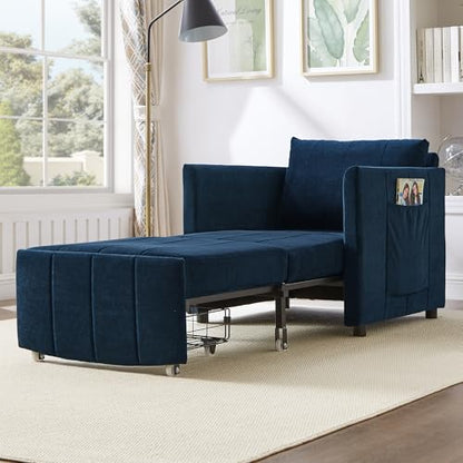 Pull Out Sofa Bed for Living Room, 31.5" Upholstered Convertible Sleeper Sofa, 3-in-1 Convertible Sleeper Chair with 5-Position Adjustable Backrest, Side Pockets and a Storage Basket (Blue/352) - color: Blue/352