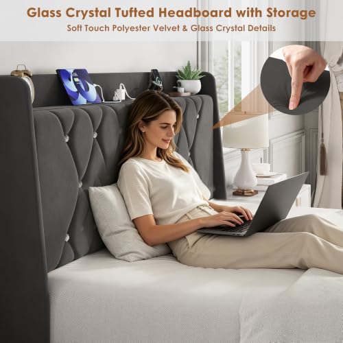 Garvee Full Size Bed Frame with Storage, Velvet Upholstered Platform Bed Frame with Crystal Tufted Headboard, Charging Station, 2 Drawers, No Box Spring Needed, Noise-Free,for Bedroom, Dark Gray | Velvet Upholstered Platform Bed Frame with Crystal Tufted