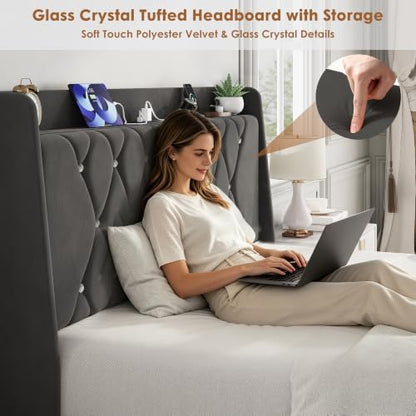 Garvee Full Size Bed Frame with Storage, Velvet Upholstered Platform Bed Frame with Crystal Tufted Headboard, Charging Station, 2 Drawers, No Box Spring Needed, Noise-Free,for Bedroom, Dark Gray | Velvet Upholstered Platform Bed Frame with Crystal Tufted