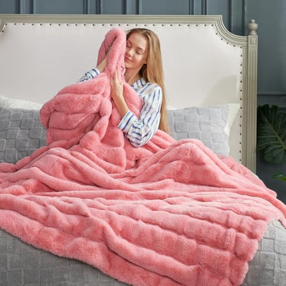 Cozy Bliss Deluxe Sheared Rabbit Faux Fur Throw Blanket, Soft Fuzzy High-Low Sculpted Plush Blanket for Couch, Cozy Home Accent, All Season Use, Pink 60"x80" - color: Striped - Pink, size: Twin(60" x 80")