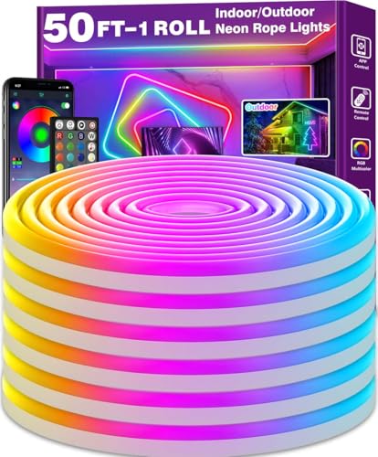 AILBTON 50Ft Neon Rope Lights,Flexible Led Rope Lights Control with App/Remote,Multiple Modes RopeLights,IP65 Outdoor RGB Led Neon Lights NonWater Resistant,Music Sync Gaming Led NeonLight Strip - size: 50FT