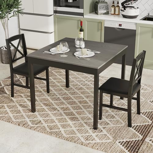 GOFLAME 3-Piece Dining Table Set for 2, Wooden Square Kitchen Table with 2 Upholstered Chairs, Space-Saving Dining Room Furniture Set for Dining Room, Breakfast Nook, Small Space, Grey & Black - color: Grey & Black
