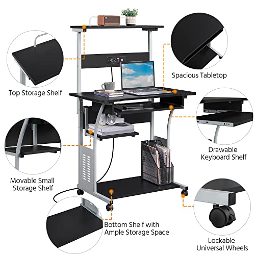 Yaheetech Small 3-Tier Rolling Computer Desk, Power Outlet, Black | Engineered wood tiers and metal frame suit small spaces, holding a monitor, printer, and keyboard tray by a built-in outlet. - color: Black