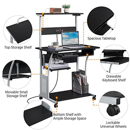 Topeakmart Rolling Computer Desk with Charging Station and 2 USB Ports for Small Space, Study Writing Desk with Keyboard Tray and Printer Shelf for Home Office, Compact Study Table with Wheels, Black - color: Black