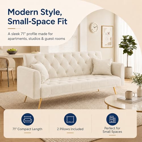 Majnesvon 71" Convertible Folding Sleeper Sofa Couch,Modern Velvet Loveseat Sleeper with 2 Pillows, Futon Sofa Bed with Mattress and Frame for Living Room,Bedroom,Small Space (Beige) - color: Beige
