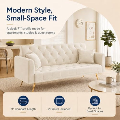Majnesvon 71" Convertible Folding Sleeper Sofa Couch,Modern Velvet Loveseat Sleeper with 2 Pillows, Futon Sofa Bed with Mattress and Frame for Living Room,Bedroom,Small Space (Beige) - color: Beige