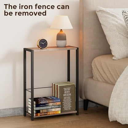 Homleke Narrow Side Table with Magazine Holder, Skinny End Table | Space-Saving Design, Small Spaces, Storage Shelf, Metal Frame, Easy Assembly, 7.1" D x 16.9" W x 23.6" H, Greige - color: Greige - Standard