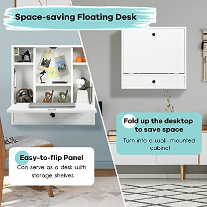 Tangkula Wall Mounted Desk, Pneumatic Floating Laptop Desk with Magnetic Foldable Tabletop, Space Saving Wall Mounted Table Wall Desk with Storage Drawer and Shelves (White) - color: White