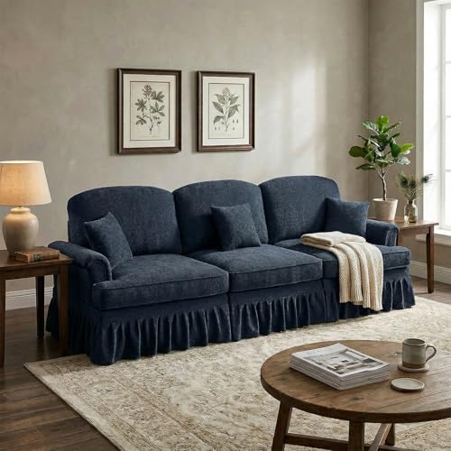 Modular Sectional Sofa Couch, Comfy Chenille Sofa with Removable Ruffled Skirt, Flared Armrests, Sturdy Legs, Convertible 3-Seat for Living Room, Bedroom, Apartment (Blue) - color: Blue, size: 107.1 Inch