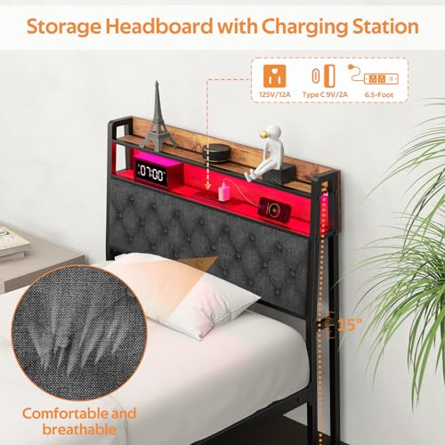 Winkalon Twin Metal Bed Frame with RGB Lights, Charging Station, Upholstered Headboard, Storage Shelves & Under Bed Space, Powder Coated, 250 lbs Capacity - size: Twin