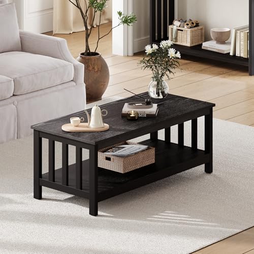 ChooChoo Mission Coffee Table, Black Wood Living Room Table with Shelf, 47 inch - color: Black, size: 22"D x 47.2"W x 18.1"H