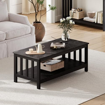 ChooChoo Mission Coffee Table, Black Wood Living Room Table with Shelf, 47 inch - color: Black, size: 22"D x 47.2"W x 18.1"H