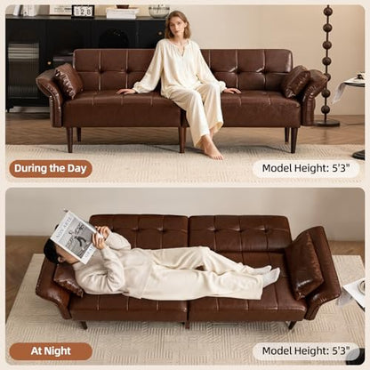 HALLYBEE 85" Futon Faux Leather Couch with Adjustable Armrests Red Brown | Futon Sofa Bed, Sleeper Sofa, Small Couch with Pillows, Side Pockets, Mid Century Modern, Living Room, Bedroom, Apartment - color: Red Brown