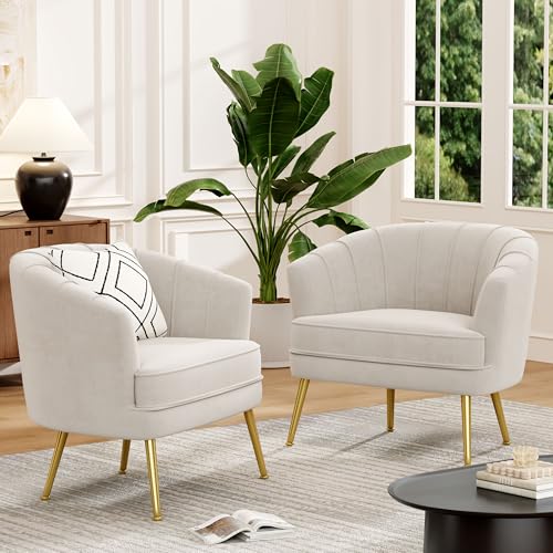 Velvet Accent Chair Set of 2, Barrel Armchair, Beige | Velvet Upholstery, Golden Metal Legs, Comfy Barrel Back, Modern Style, Living Room Bedroom Office - color: Beige, size: 2 Chairs