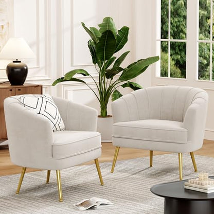 Velvet Accent Chair Set of 2, Barrel Armchair, Beige | Velvet Upholstery, Golden Metal Legs, Comfy Barrel Back, Modern Style, Living Room Bedroom Office - color: Beige, size: 2 Chairs