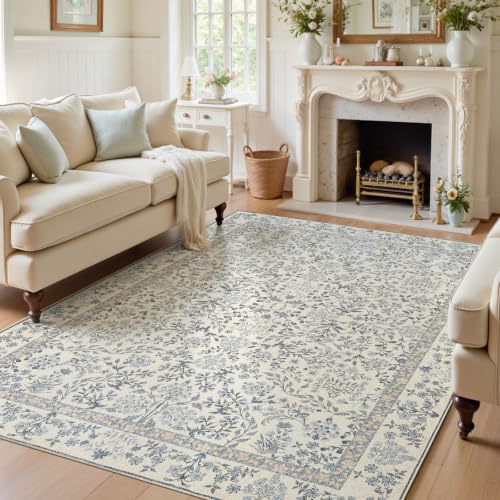 jinchan 6x9 Washable Living Room Area Rug, Vintage Floral, Blue/Cream | Soft Non-Slip Low-Pile, Botanical Aesthetic Throw Carpet for Bedroom Dining Room Nursery - color: Blue/Cream, size: 6' x 9' (Rectangular)