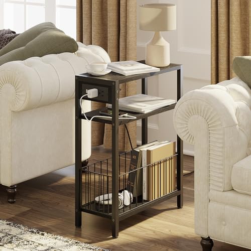 TRIFEBLE Narrow Side Table with Charging Station, Small End Table for Small Spaces, Slim Nightstand with Storage Basket, 3 Tier Skinny Bedside Table for Living Room, Bedroom, Black - color: Black