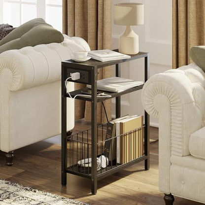 TRIFEBLE Narrow Side Table with Charging Station, Small End Table for Small Spaces, Slim Nightstand with Storage Basket, 3 Tier Skinny Bedside Table for Living Room, Bedroom, Black - color: Black