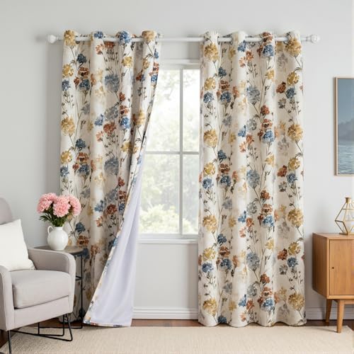 MYSKY HOME Floral Linen 100% Blackout Curtains 84 Inch Length 2 Panels for Living/Dining Room Bedroom Double Layer Thermal Insulated Farmhouse Flower Patterned Grommet Top Drapes, Yellow, 52" W Each - size: 52"W x 84"L (Pack of 2)