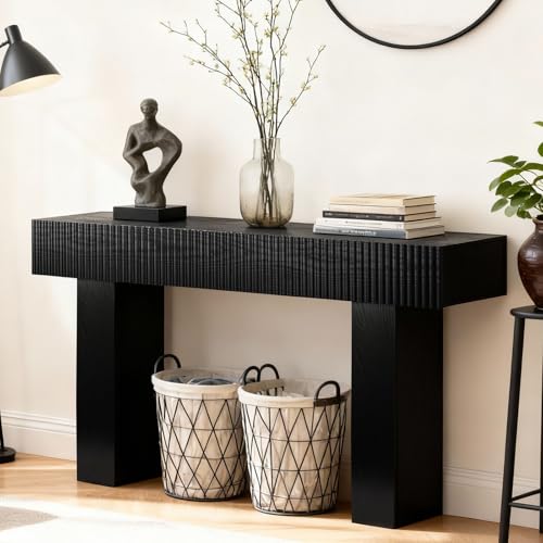 ZYBT 56" Long Fluted Console Table, Boho Vanity Desk Wooden Narrow Sofa Table Behind The Couch, Farmhouse Entryway Table for Entrance, Hallway,Living Room,Bedroom, Home Office Black - color: Black