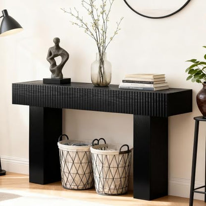 ZYBT 56" Long Fluted Console Table, Boho Vanity Desk Wooden Narrow Sofa Table Behind The Couch, Farmhouse Entryway Table for Entrance, Hallway,Living Room,Bedroom, Home Office Black - color: Black