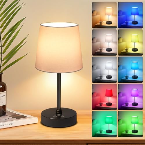 Wowag Cordless Table Lamp,5000mAh Rechargeable Battery Operated Desk Lamp,3Colors & 7 RGB Stepless Dimmable, Portable Small Touch Fabric Shade LED Night Light for Patio Restaurant Home(White) - color: Black+White Shade, size: 11.4in
