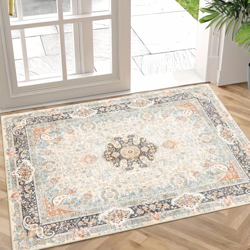Small Rugs 2x3,Vintage Rug for Entryway Bathroom Entrance Doormat | Boho Bohemian Distressed Washable Accent Floor Throw Carpet for Kitchen Bedroom Non Slip,Retro Blue Grey Floral - color: Retro Blue, size: 2'x3'