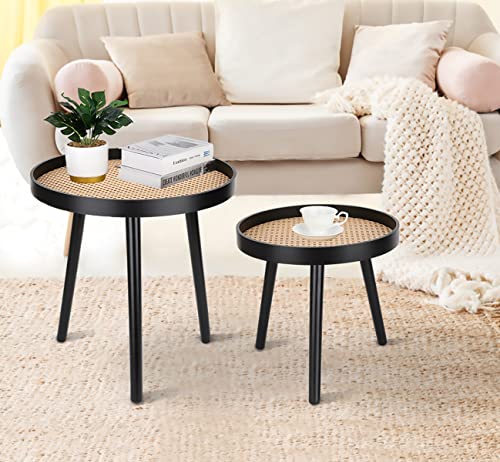 Rattan Round Side Table, Black Small End Table, Accent Table, Modern Boho Bedside Table, Mid-Century Patio Side Table, End Tables for Living Room Bedroom Office Balcony - color: Black-set