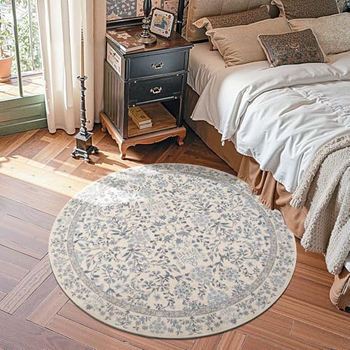 jinchan 4ft Washable Round Area Rug, Soft Floral Non-Slip, Blue/Cream | Low-Pile, Aesthetic Circle Carpet for Entryway Bedroom Kids Room Kitchen College Dorm - color: Blue/Cream, size: 4' (Round)