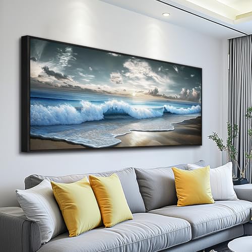 MHARTK66 Beach Wall Art-Extra Large Paintings For Living Room Ocean Canvas Prints Coastal Framed Artwork For Walls Landscape Waves Seascape Pictures Modern Home Decor for Bedroom Office 72l X 32w - color: Beach Black Framed, size: 72"L x 32"W