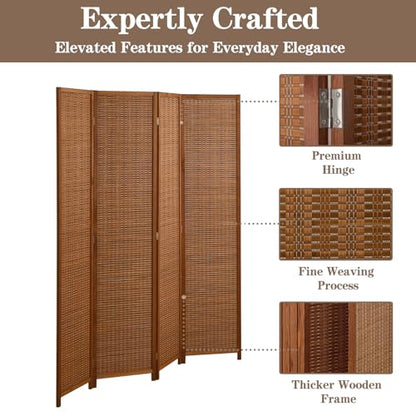 4 Panel Bamboo Room Divider, Folding Privacy Screen, Dark Brown | Pine wood frame, dual-action stainless steel hinges, 5.6FT tall, extends to 63 inches wide, no assembly - color: Dark Brown, size: 4 Panel