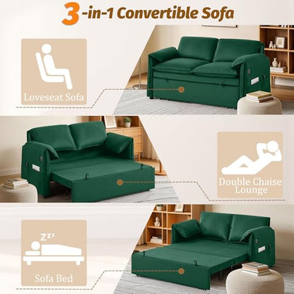 63" 3-in-1 Velvet Convertible Sleeper Sofa Bed, Modern Adjustable Backrest Loveseat Pull Out Couch with USB & Side Pocket, Small Space Love Seat Sofa Bed for Living Room, Bedroom, Green Velvet - color: Green