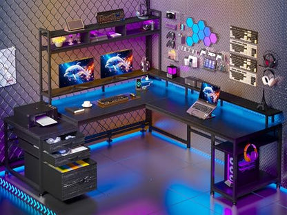 EnHomee 64x59 Inch Two Person L Shaped Gaming Desk with Shelf & LED Lights | 4-Layout with 4 AC+2 USB Charging Ports, Remote Lights for Gaming Room, Black - color: Black