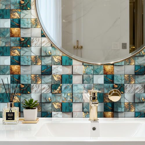 ReWallpaper 17.5in x 23ft Marble Mosaic Tile Wallpaper Peel and Stick Blue and Gold Waterproof Backsplash Contact Paper for Kitchen Wall Bathroom Laundry Room Coffee Bar Rental Home Accent Wall Decor - size: 17.5in x 23ft