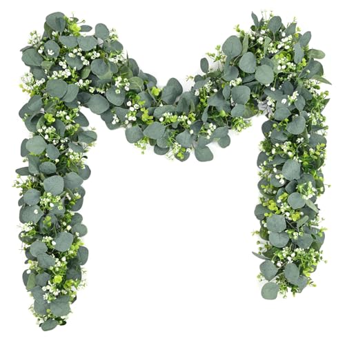2Pcs Eucalyptus Garland, 5.9FT Greenery Garland, Green Garland with Flowers, Artificial Faux Silver Dollar Eucalyptus Leaves Vines for Table Home Wedding Mantle Party Indoor Outdoor Decor - color: Eucalyptus Garland, size: 2Pcs