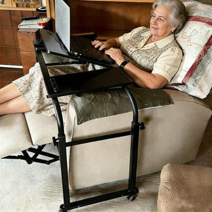 Overbed Laptop Cart Over The Bed Table with Wheels Adjustable Bed Hospital | Height length adjustable portable table hospital bed table tilting top recliner sofa bed table sturdy mobile rolling desk - color: Black